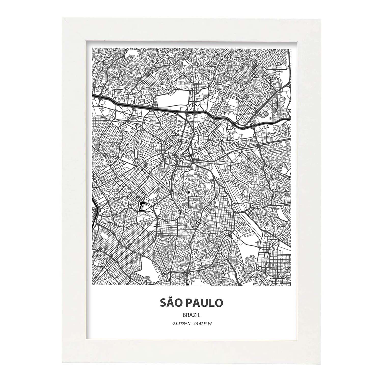 Poster con mapa de Sao Paulo - Brazil. Láminas de ciudades de Latinoamérica con mares y ríos en color negro.-Artwork-Nacnic-A3-Marco Blanco-Nacnic Estudio SL