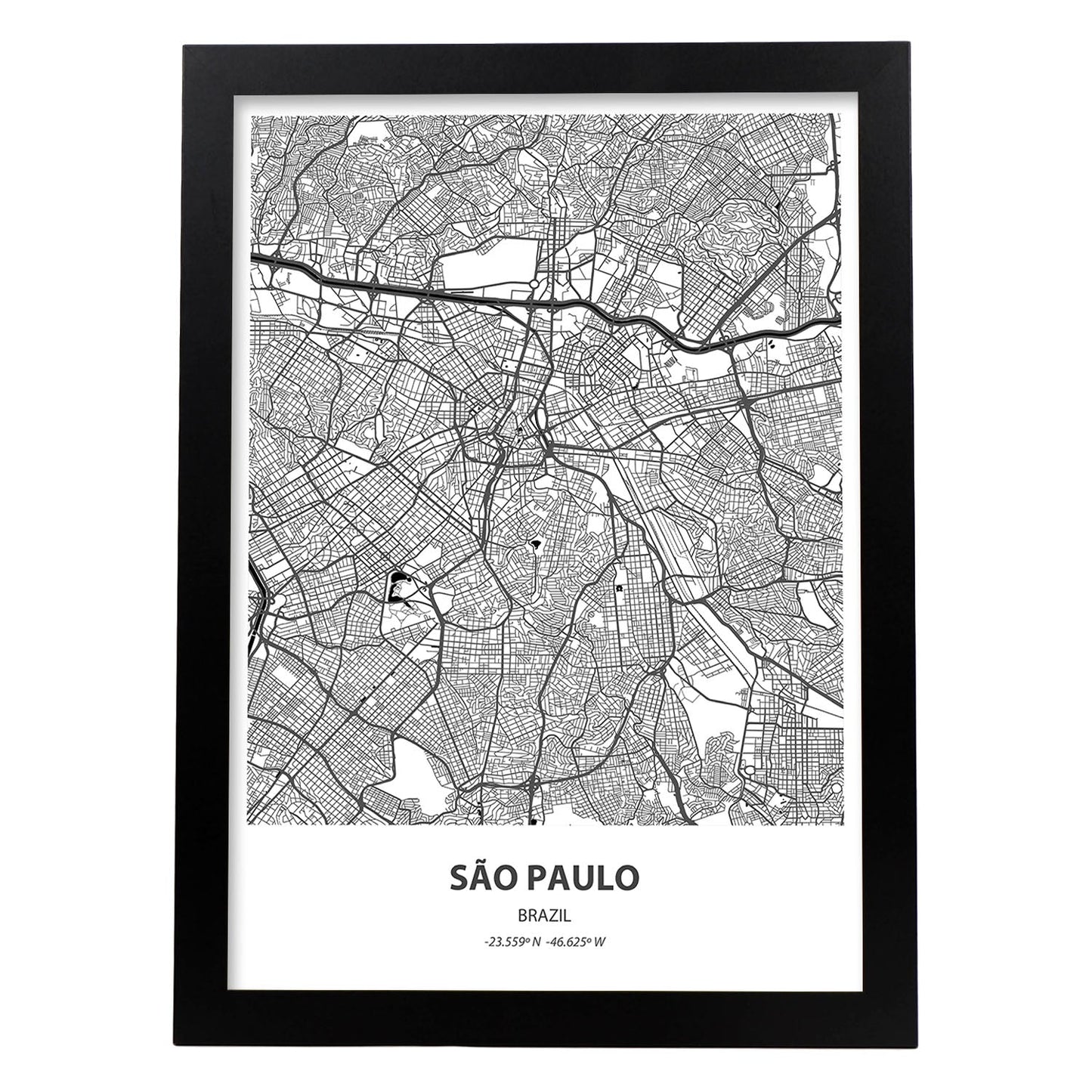 Poster con mapa de Sao Paulo - Brazil. Láminas de ciudades de Latinoamérica con mares y ríos en color negro.-Artwork-Nacnic-A3-Marco Negro-Nacnic Estudio SL