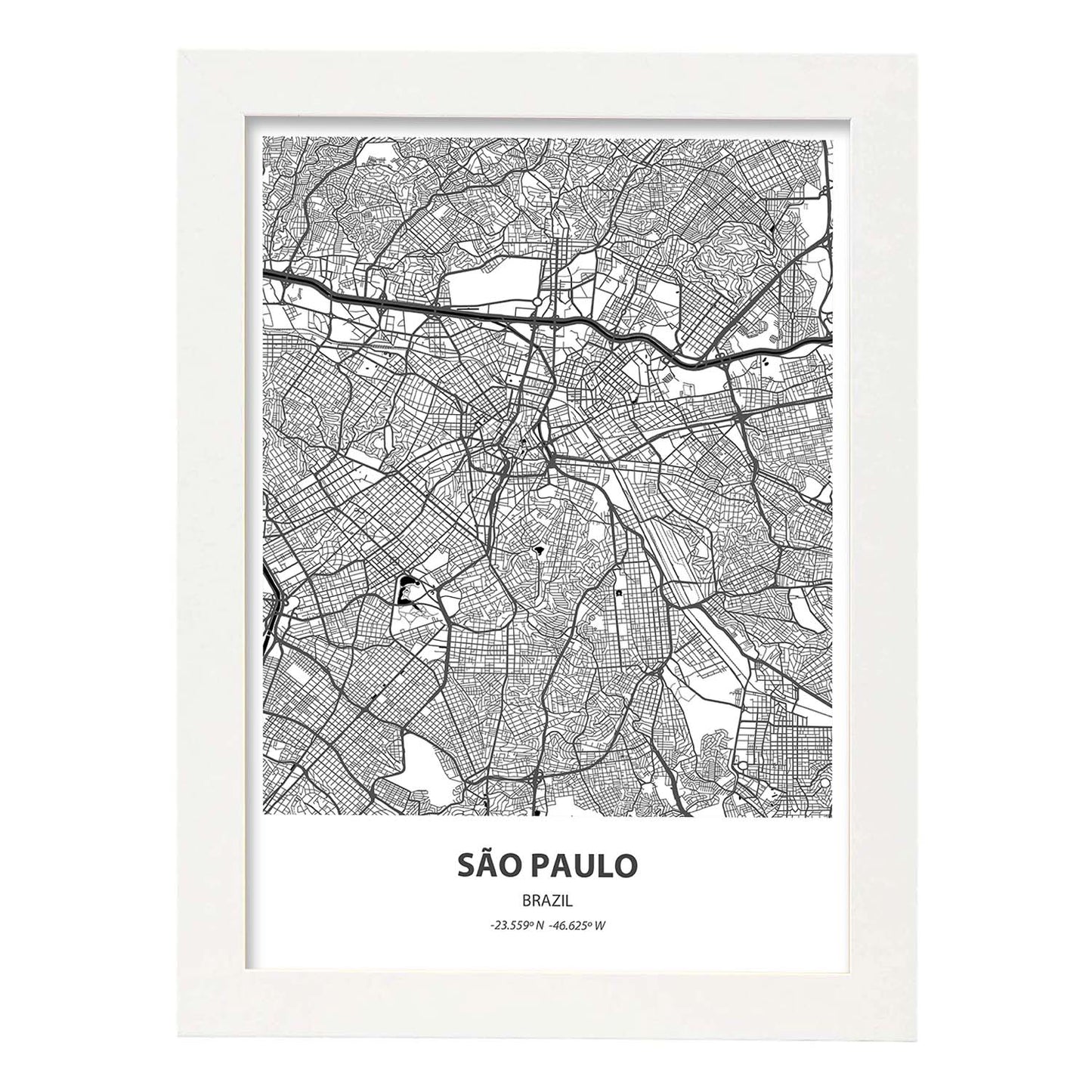 Poster con mapa de Sao Paulo - Brazil. Láminas de ciudades de Latinoamérica con mares y ríos en color negro.-Artwork-Nacnic-A4-Marco Blanco-Nacnic Estudio SL