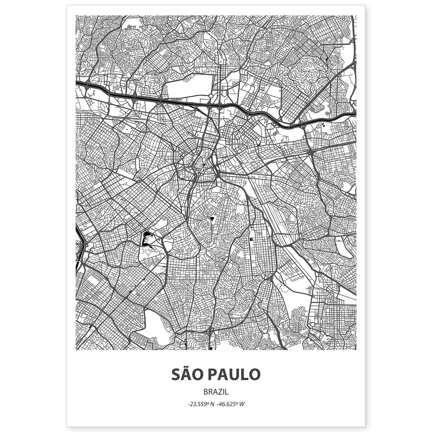 Poster con mapa de Sao Paulo - Brazil. Láminas de ciudades de Latinoamérica con mares y ríos en color negro.-Artwork-Nacnic-A4-Sin marco-Nacnic Estudio SL