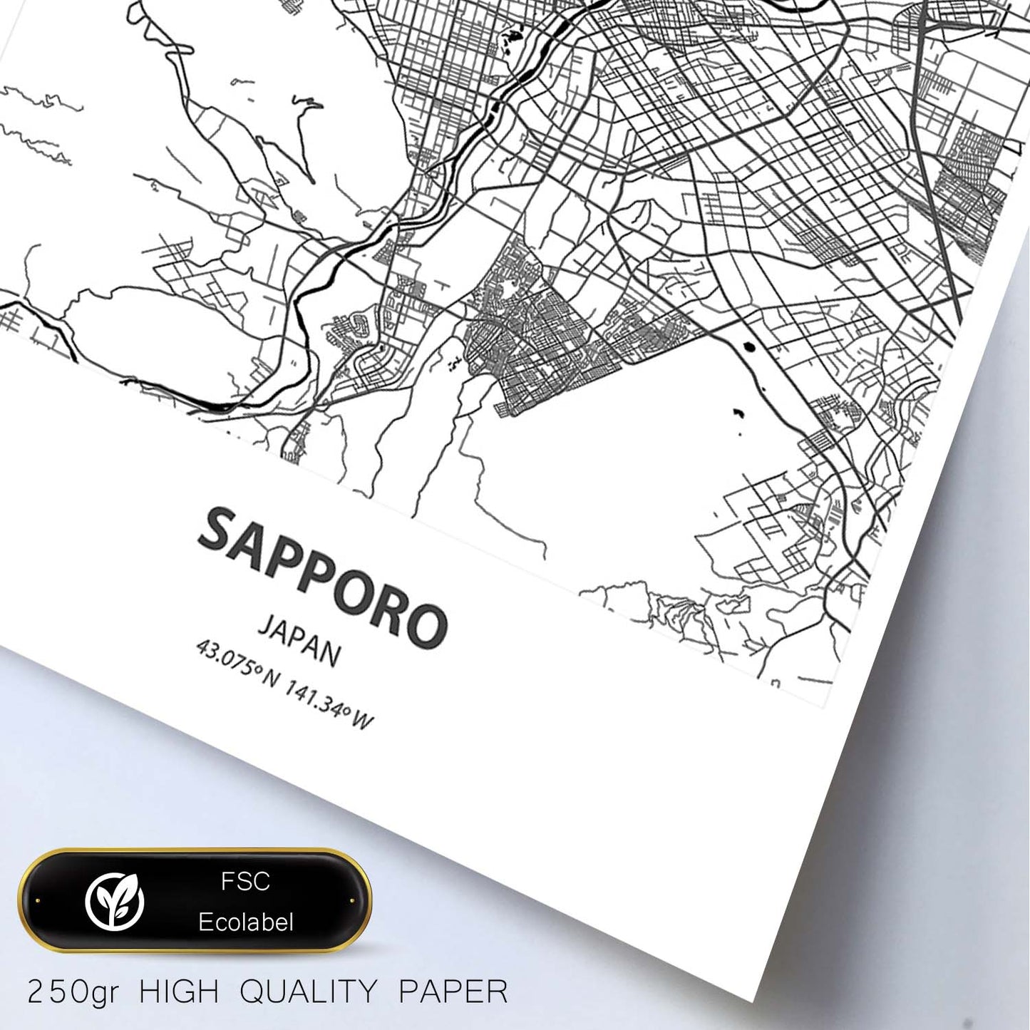 Poster con mapa de Sapporo - Japon. Láminas de ciudades de Asia con mares y ríos en color negro.-Artwork-Nacnic-Nacnic Estudio SL