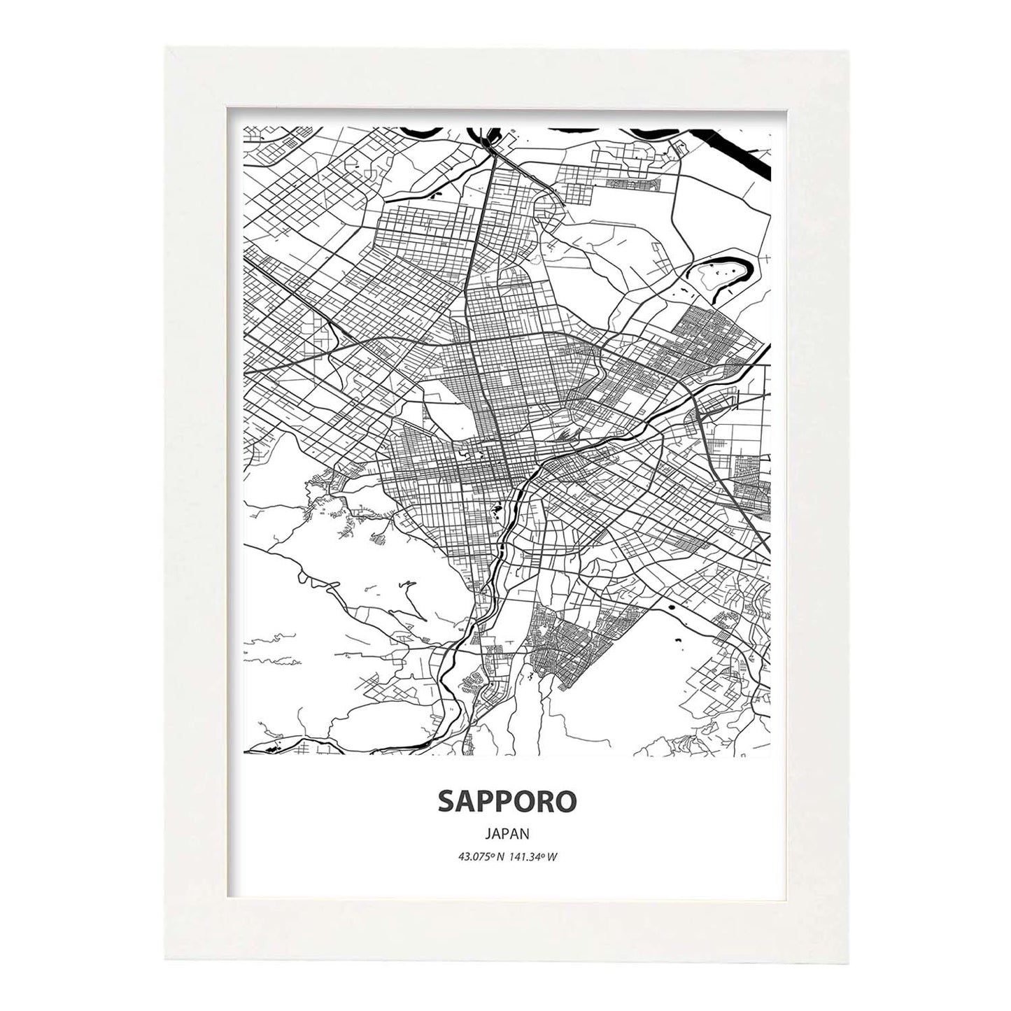 Poster con mapa de Sapporo - Japon. Láminas de ciudades de Asia con mares y ríos en color negro.-Artwork-Nacnic-A3-Marco Blanco-Nacnic Estudio SL