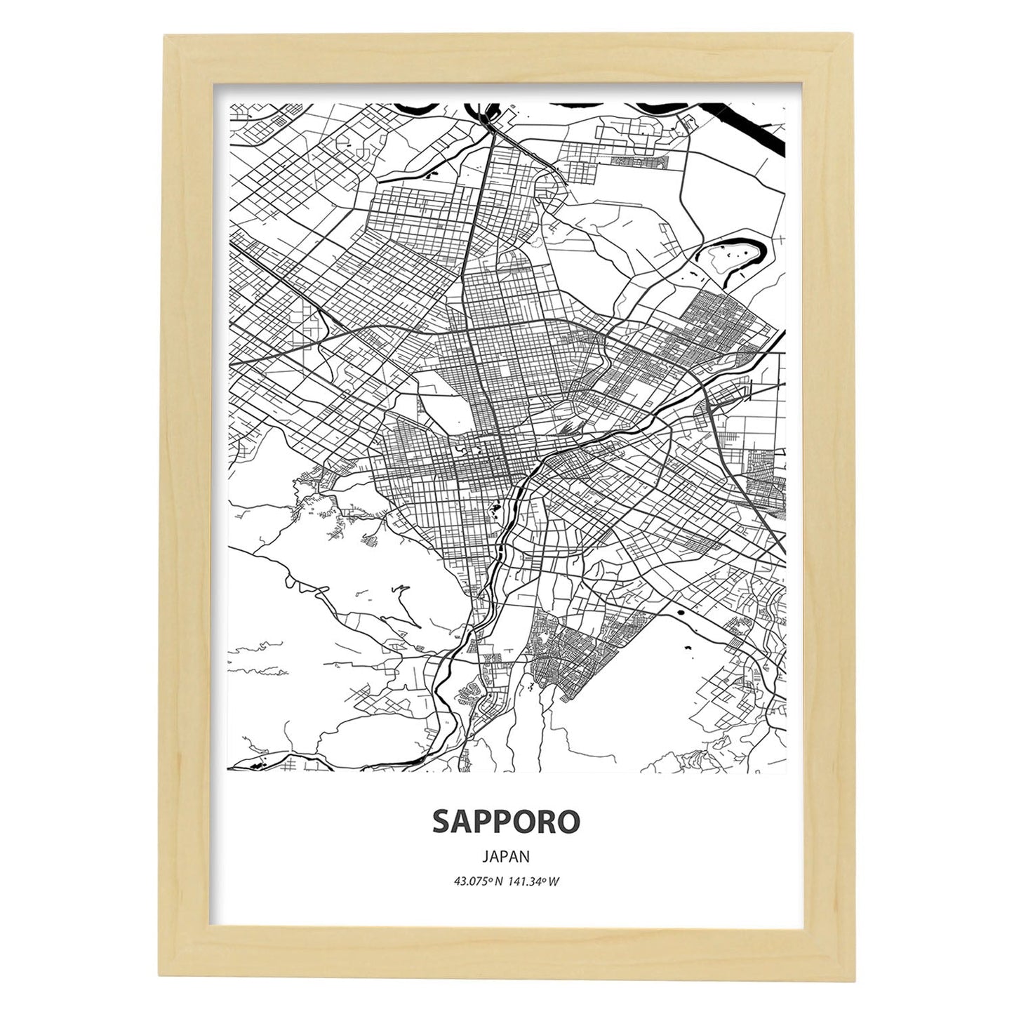 Poster con mapa de Sapporo - Japon. Láminas de ciudades de Asia con mares y ríos en color negro.-Artwork-Nacnic-A3-Marco Madera clara-Nacnic Estudio SL