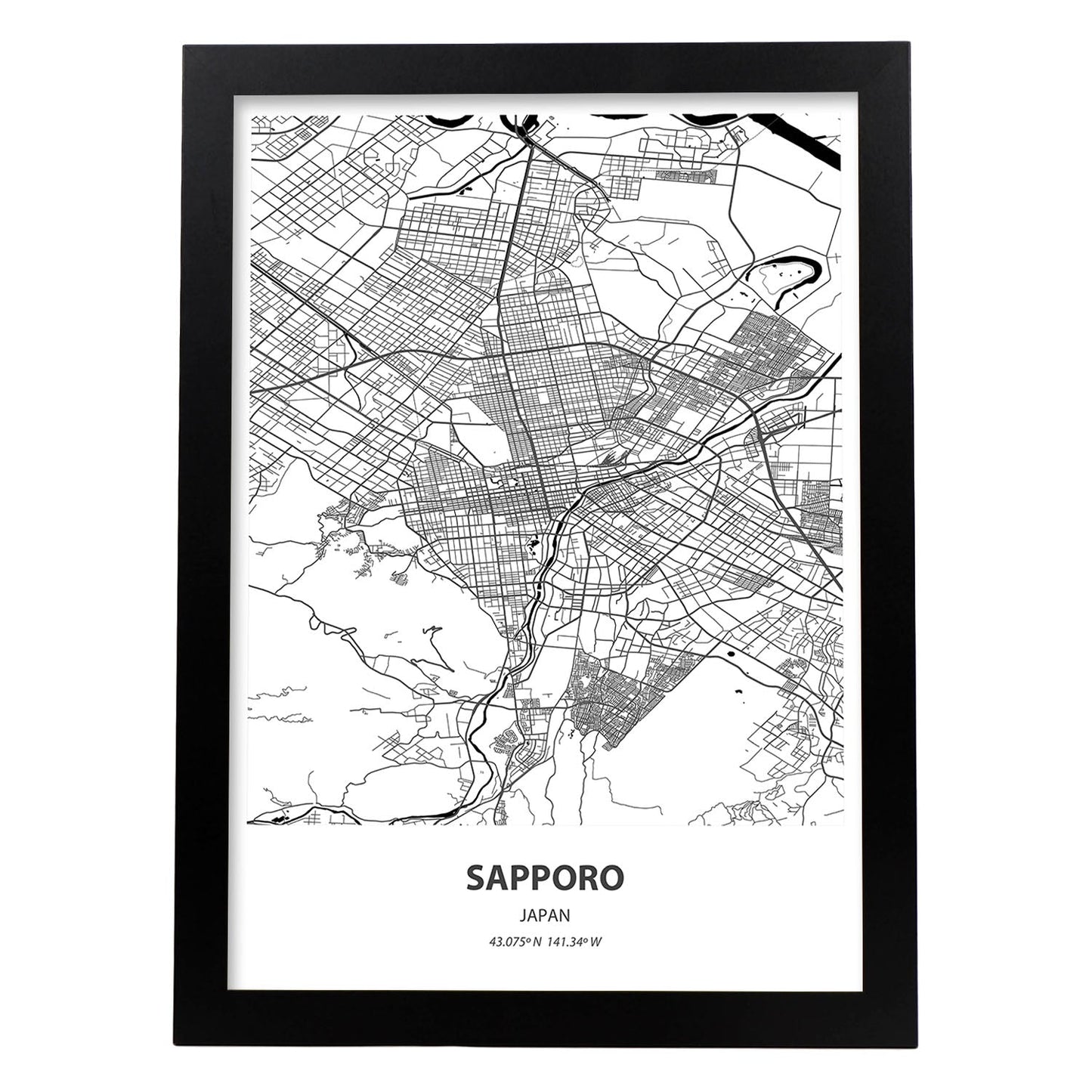 Poster con mapa de Sapporo - Japon. Láminas de ciudades de Asia con mares y ríos en color negro.-Artwork-Nacnic-A3-Marco Negro-Nacnic Estudio SL