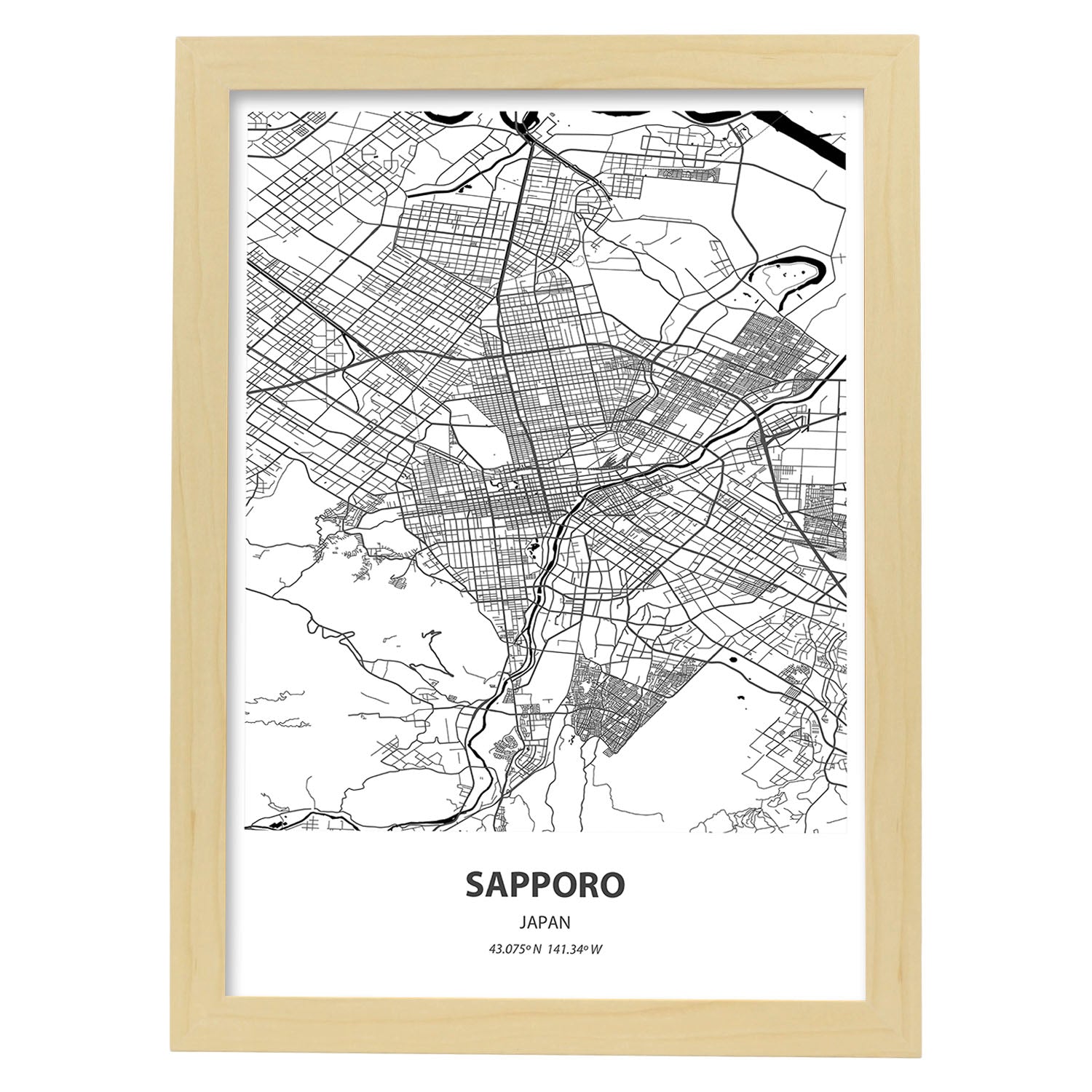Poster con mapa de Sapporo - Japon. Láminas de ciudades de Asia con mares y ríos en color negro.-Artwork-Nacnic-A4-Marco Madera clara-Nacnic Estudio SL