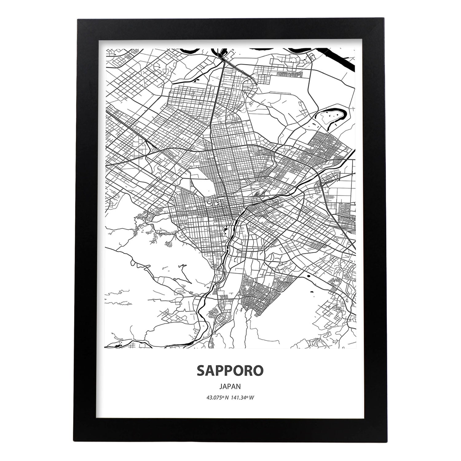 Poster con mapa de Sapporo - Japon. Láminas de ciudades de Asia con mares y ríos en color negro.-Artwork-Nacnic-A4-Marco Negro-Nacnic Estudio SL