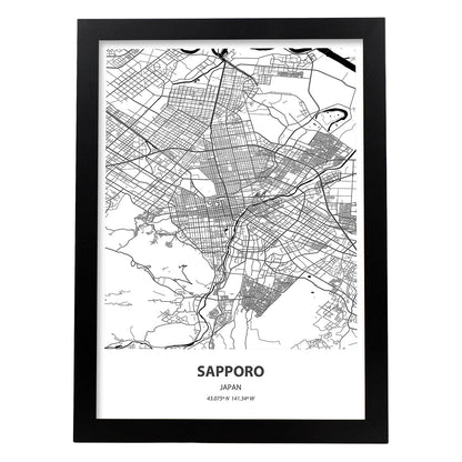 Poster con mapa de Sapporo - Japon. Láminas de ciudades de Asia con mares y ríos en color negro.-Artwork-Nacnic-A4-Marco Negro-Nacnic Estudio SL