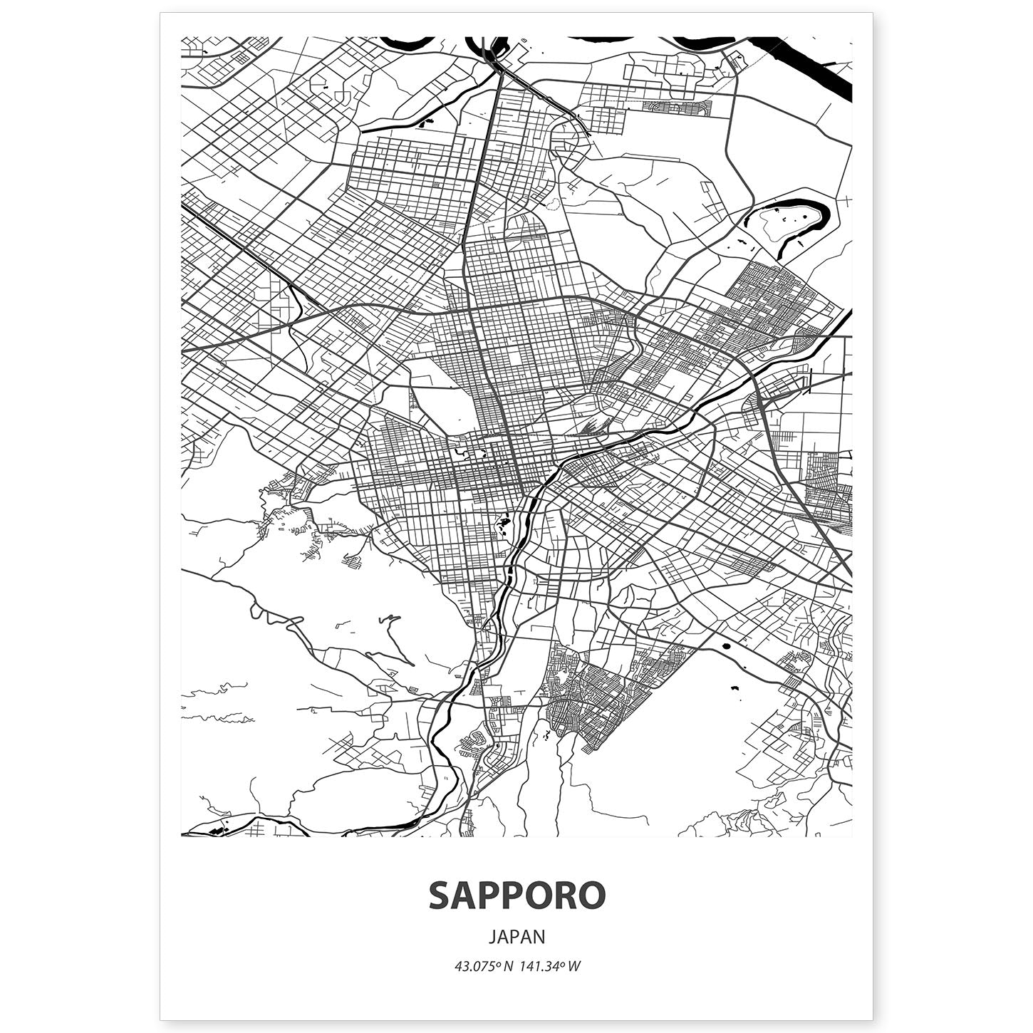 Poster con mapa de Sapporo - Japon. Láminas de ciudades de Asia con mares y ríos en color negro.-Artwork-Nacnic-A4-Sin marco-Nacnic Estudio SL