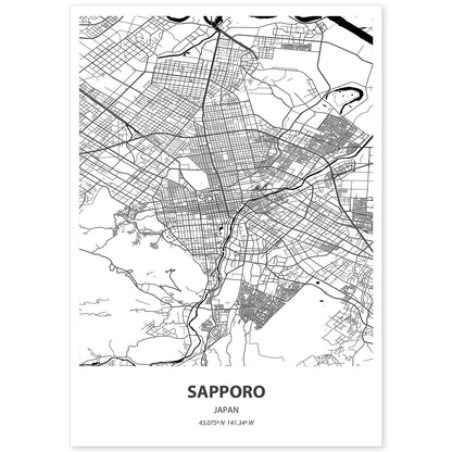 Poster con mapa de Sapporo - Japon. Láminas de ciudades de Asia con mares y ríos en color negro.-Artwork-Nacnic-A4-Sin marco-Nacnic Estudio SL