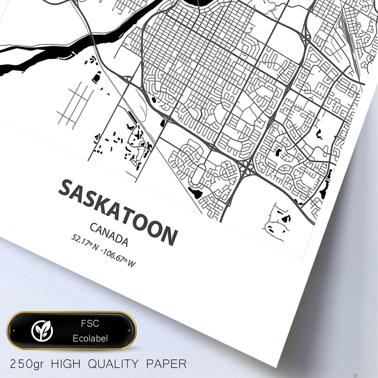Poster con mapa de Saskatoon - Canada. Láminas de ciudades de Canada con mares y ríos en color negro.-Artwork-Nacnic-Nacnic Estudio SL