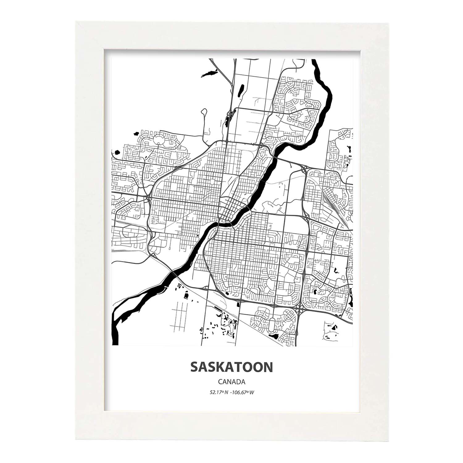 Poster con mapa de Saskatoon - Canada. Láminas de ciudades de Canada con mares y ríos en color negro.-Artwork-Nacnic-A3-Marco Blanco-Nacnic Estudio SL