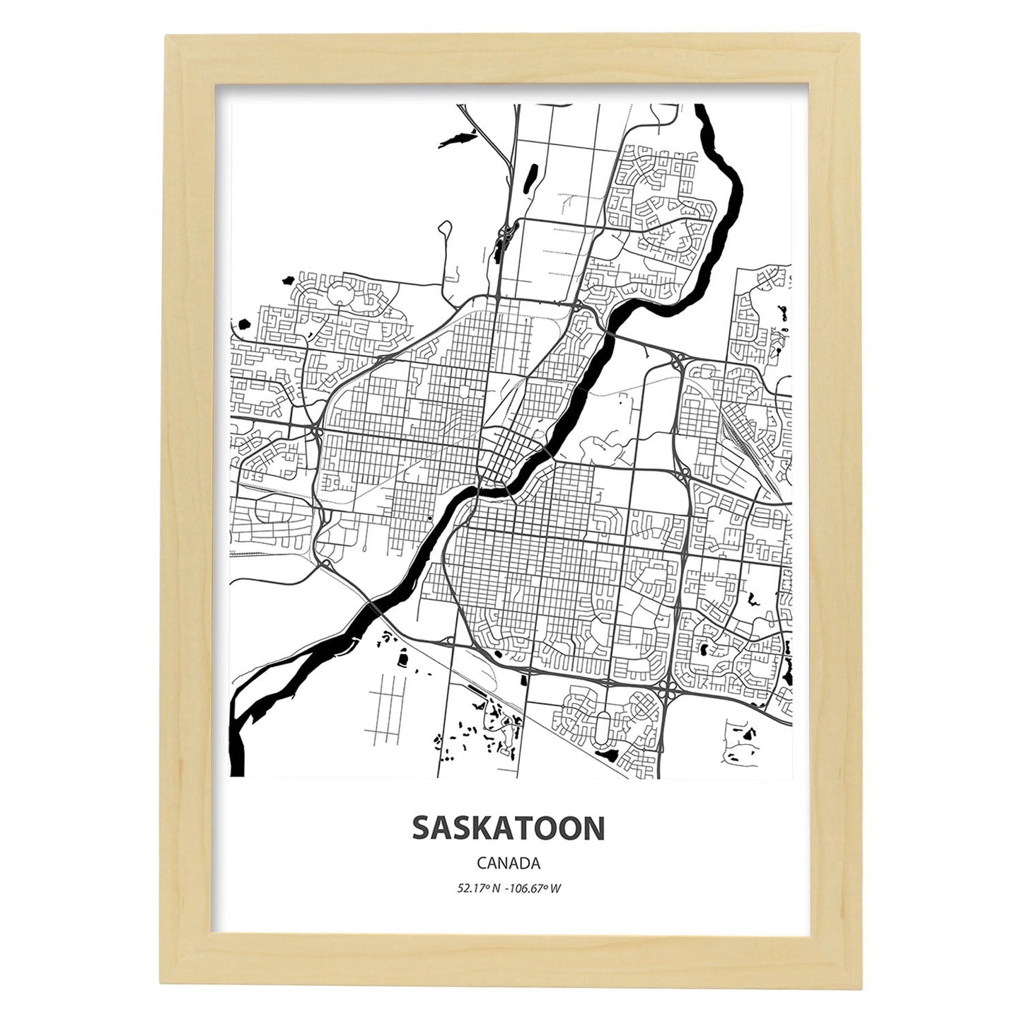 Poster con mapa de Saskatoon - Canada. Láminas de ciudades de Canada con mares y ríos en color negro.-Artwork-Nacnic-A3-Marco Madera clara-Nacnic Estudio SL