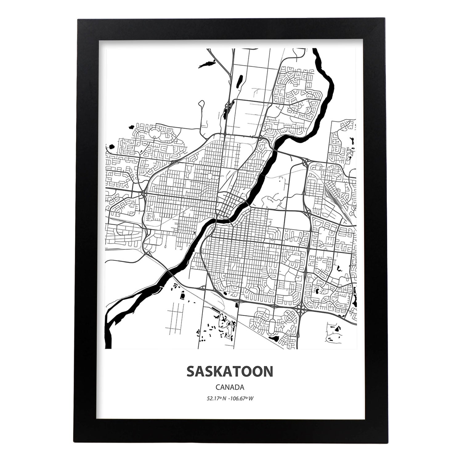 Poster con mapa de Saskatoon - Canada. Láminas de ciudades de Canada con mares y ríos en color negro.-Artwork-Nacnic-A3-Marco Negro-Nacnic Estudio SL