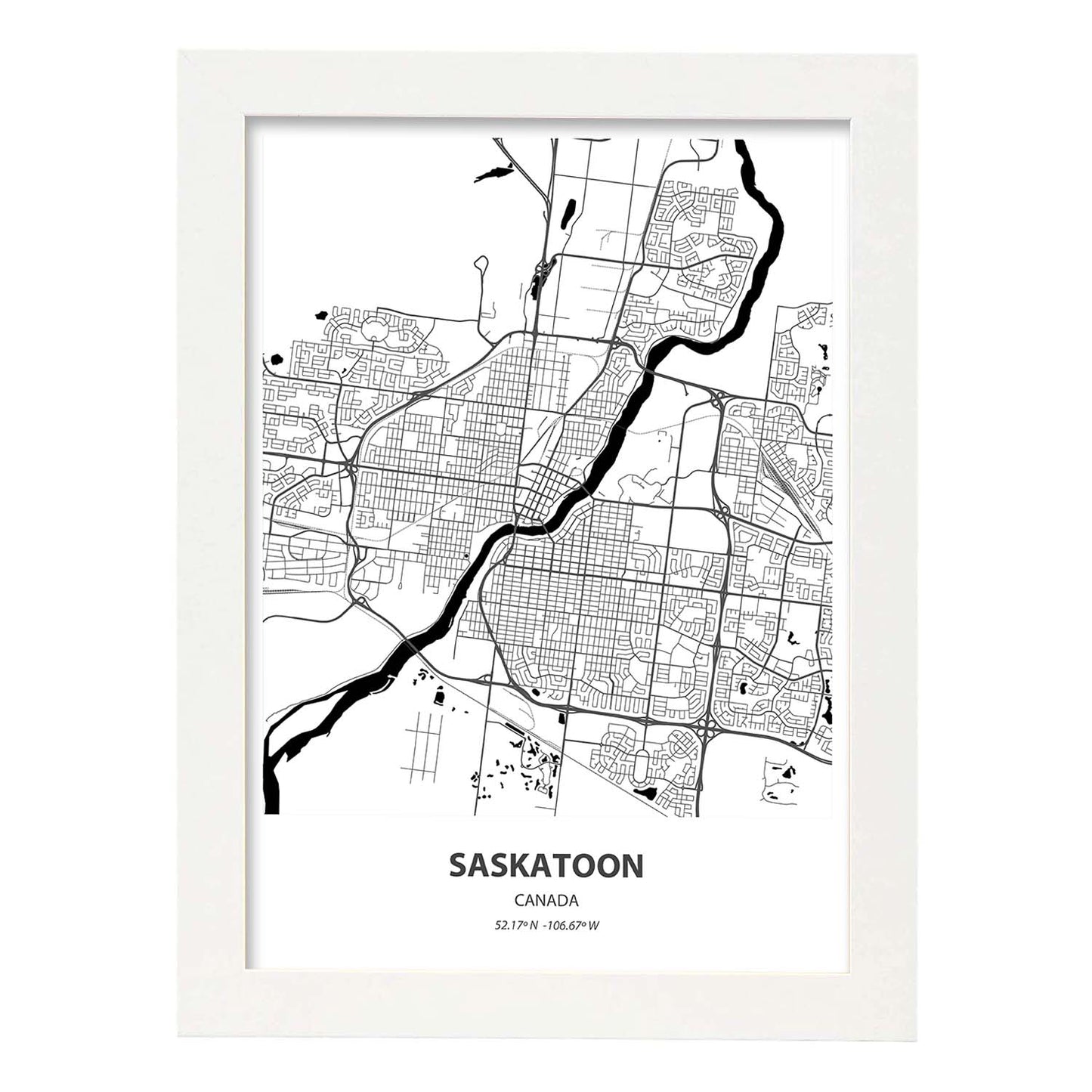 Poster con mapa de Saskatoon - Canada. Láminas de ciudades de Canada con mares y ríos en color negro.-Artwork-Nacnic-A4-Marco Blanco-Nacnic Estudio SL