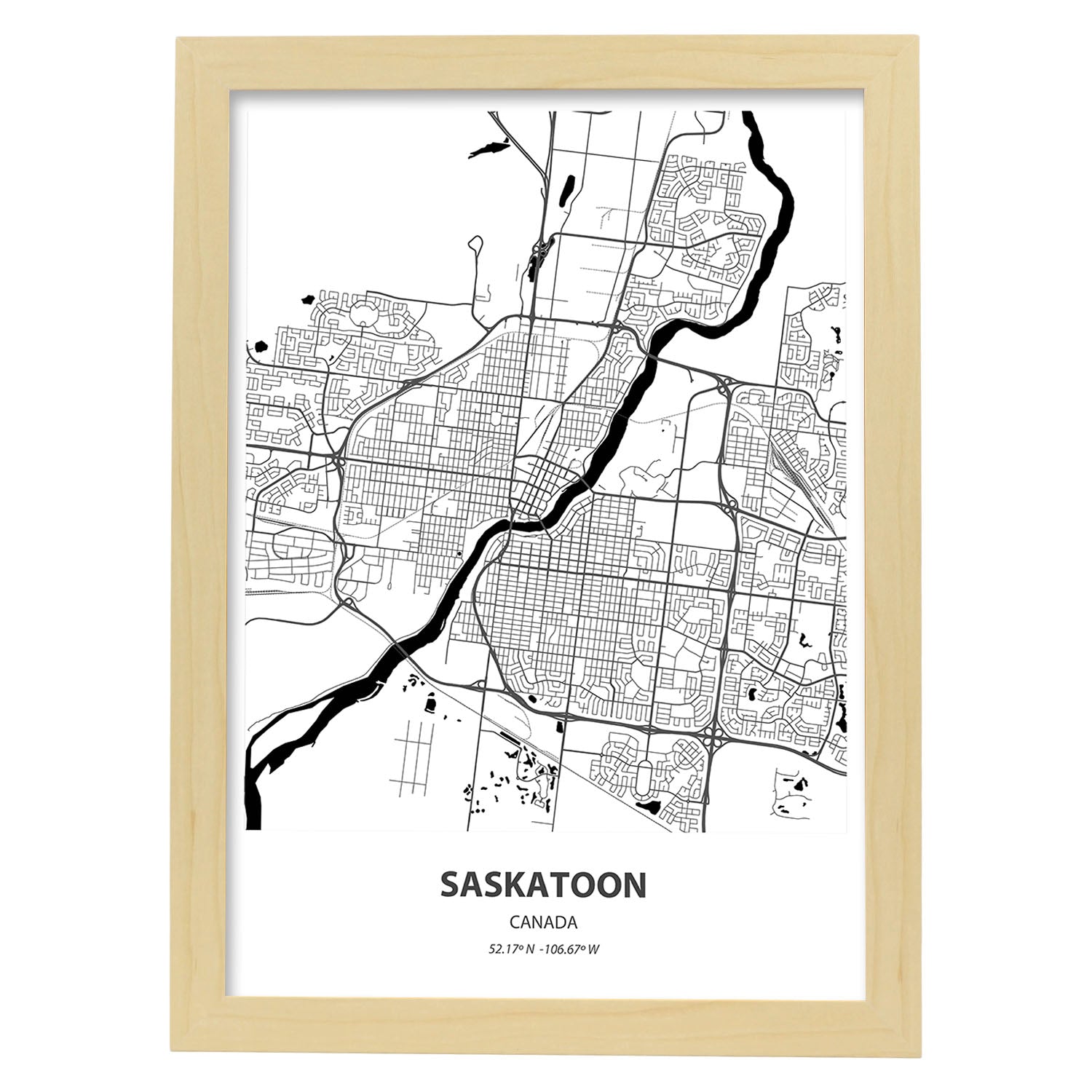 Poster con mapa de Saskatoon - Canada. Láminas de ciudades de Canada con mares y ríos en color negro.-Artwork-Nacnic-A4-Marco Madera clara-Nacnic Estudio SL