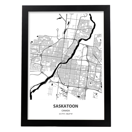 Poster con mapa de Saskatoon - Canada. Láminas de ciudades de Canada con mares y ríos en color negro.-Artwork-Nacnic-A4-Marco Negro-Nacnic Estudio SL