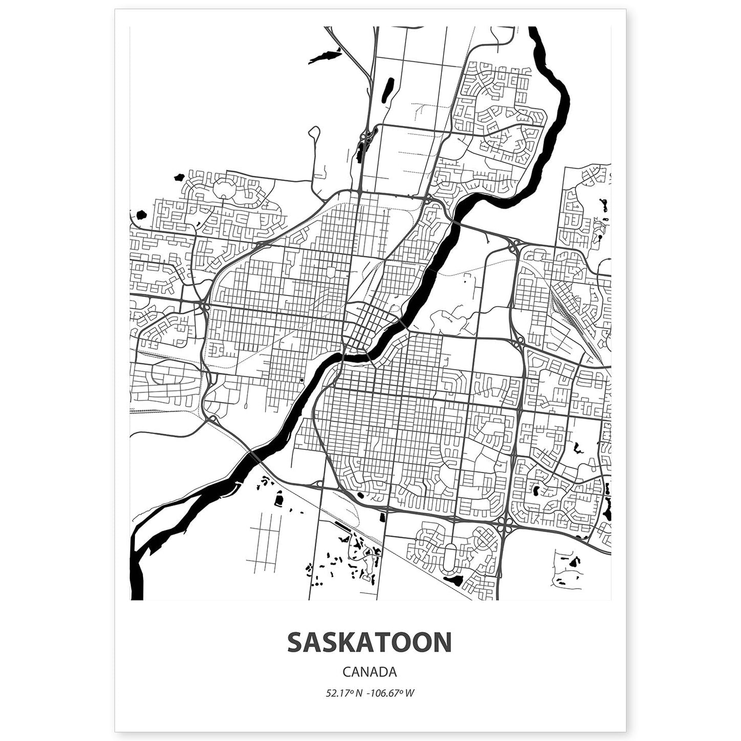 Poster con mapa de Saskatoon - Canada. Láminas de ciudades de Canada con mares y ríos en color negro.-Artwork-Nacnic-A4-Sin marco-Nacnic Estudio SL