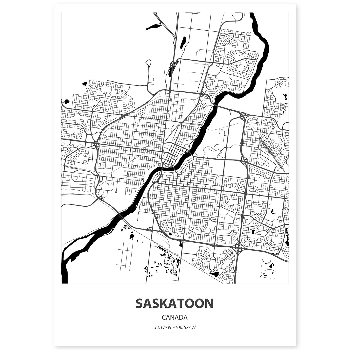 Poster con mapa de Saskatoon - Canada. Láminas de ciudades de Canada con mares y ríos en color negro.-Artwork-Nacnic-A4-Sin marco-Nacnic Estudio SL