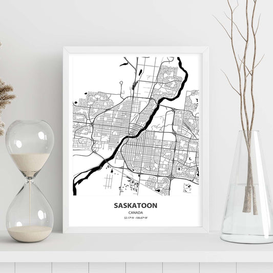 Poster con mapa de Saskatoon - Canada. Láminas de ciudades de Canada con mares y ríos en color negro.-Artwork-Nacnic-Nacnic Estudio SL