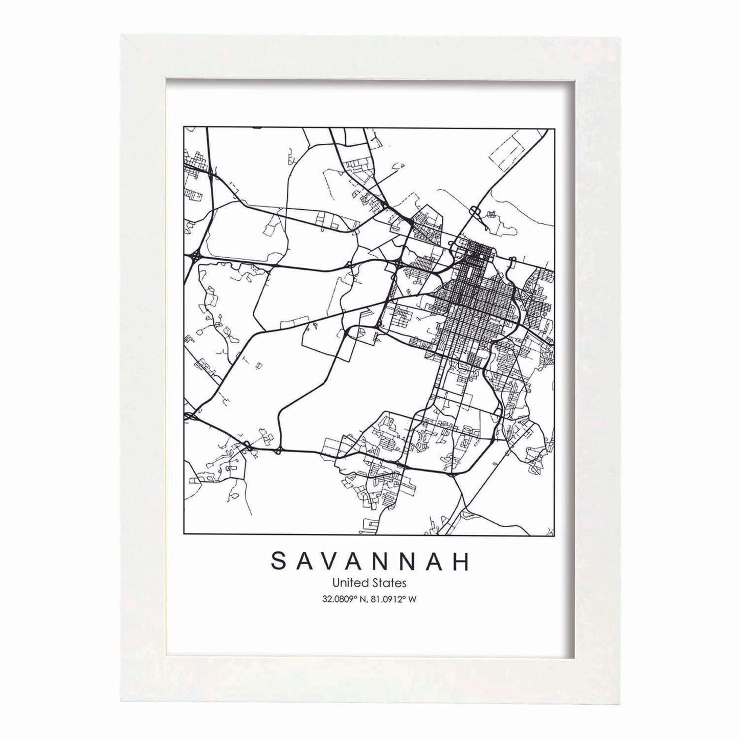Poster con mapa de Savannah. Lámina de Estados Unidos, con imágenes de mapas y carreteras-Artwork-Nacnic-A3-Marco Blanco-Nacnic Estudio SL