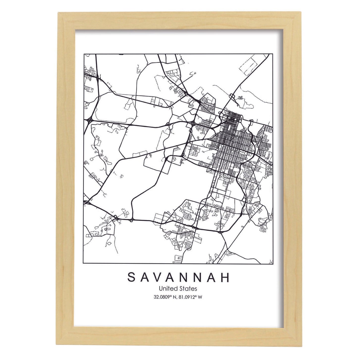 Poster con mapa de Savannah. Lámina de Estados Unidos, con imágenes de mapas y carreteras-Artwork-Nacnic-A3-Marco Madera clara-Nacnic Estudio SL