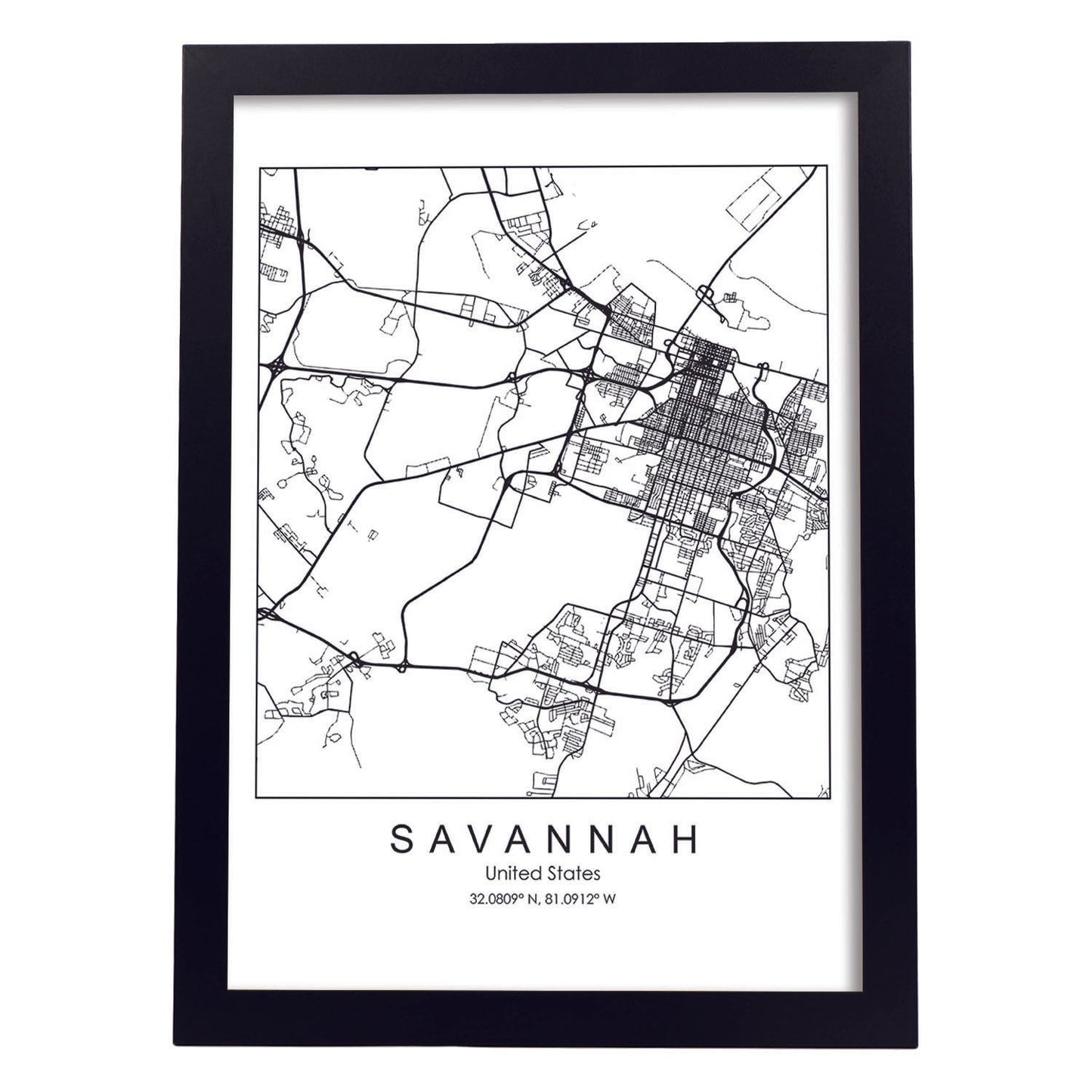 Poster con mapa de Savannah. Lámina de Estados Unidos, con imágenes de mapas y carreteras-Artwork-Nacnic-A3-Marco Negro-Nacnic Estudio SL