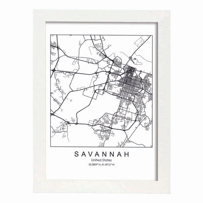 Poster con mapa de Savannah. Lámina de Estados Unidos, con imágenes de mapas y carreteras-Artwork-Nacnic-A4-Marco Blanco-Nacnic Estudio SL