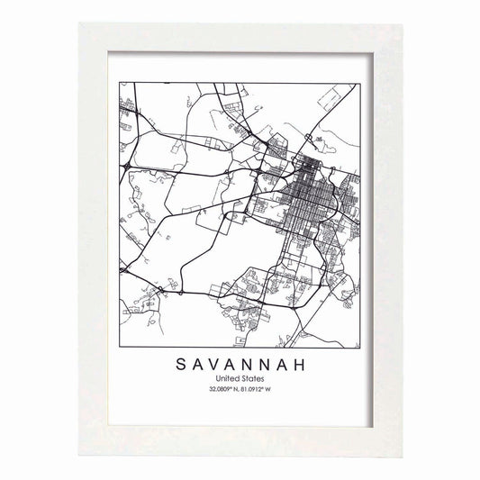 Poster con mapa de Savannah. Lámina de Estados Unidos, con imágenes de mapas y carreteras-Artwork-Nacnic-A4-Marco Blanco-Nacnic Estudio SL