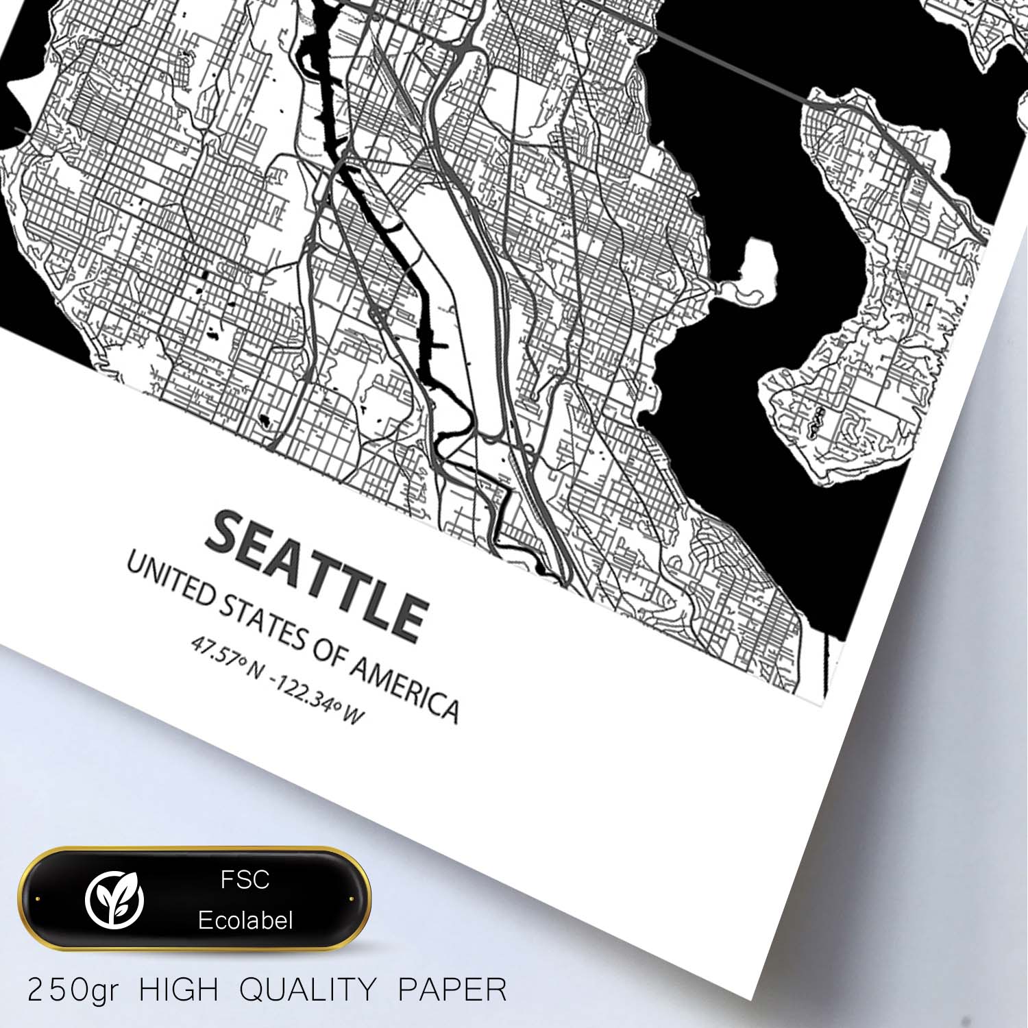 Poster con mapa de Seatle - USA. Láminas de ciudades de Estados Unidos con mares y ríos en color negro.-Artwork-Nacnic-Nacnic Estudio SL