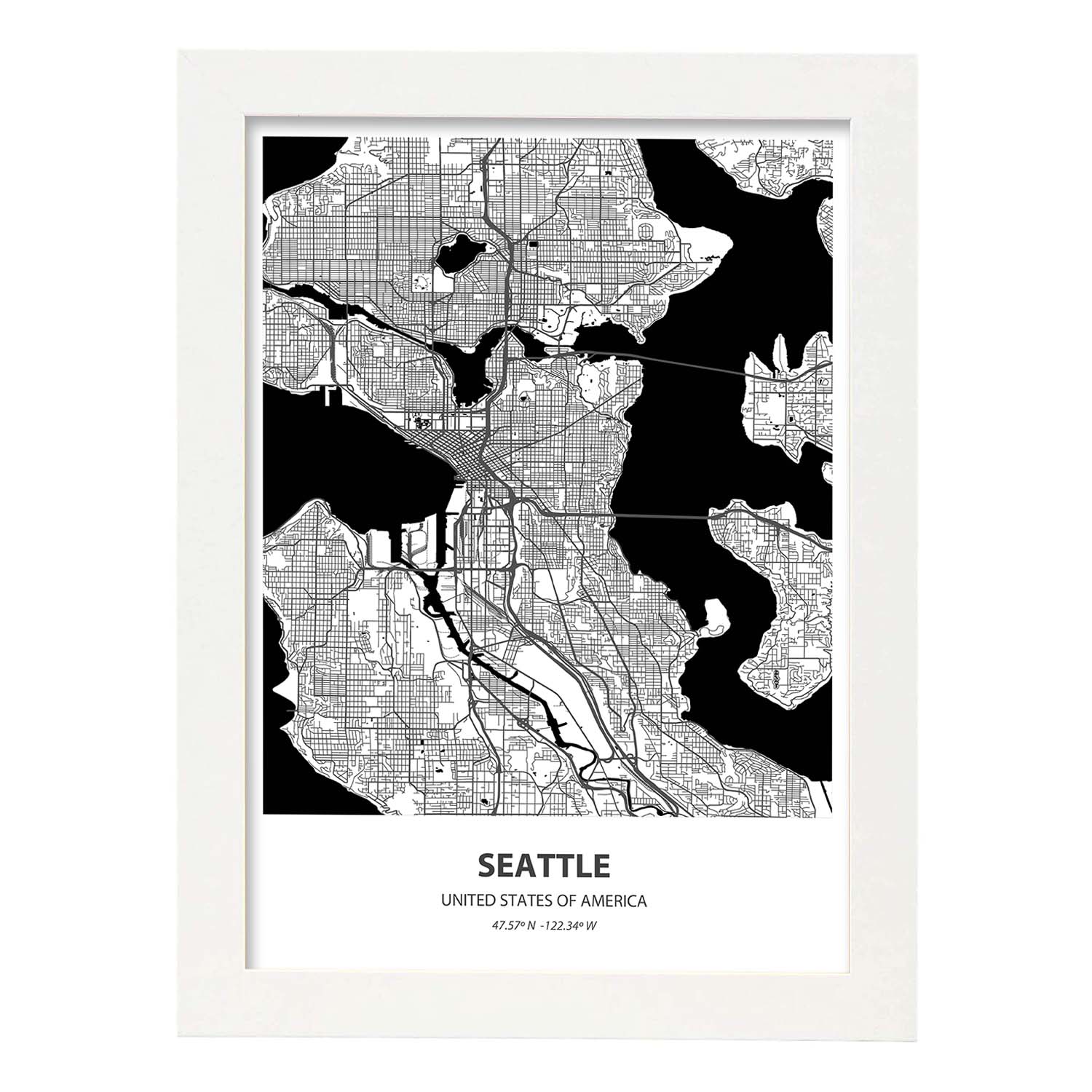 Poster con mapa de Seatle - USA. Láminas de ciudades de Estados Unidos con mares y ríos en color negro.-Artwork-Nacnic-A3-Marco Blanco-Nacnic Estudio SL