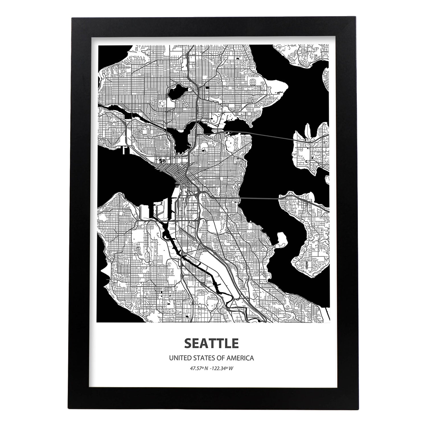 Poster con mapa de Seatle - USA. Láminas de ciudades de Estados Unidos con mares y ríos en color negro.-Artwork-Nacnic-A3-Marco Negro-Nacnic Estudio SL