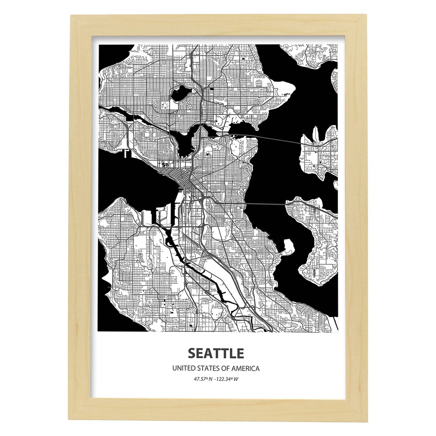 Poster con mapa de Seatle - USA. Láminas de ciudades de Estados Unidos con mares y ríos en color negro.-Artwork-Nacnic-A4-Marco Madera clara-Nacnic Estudio SL