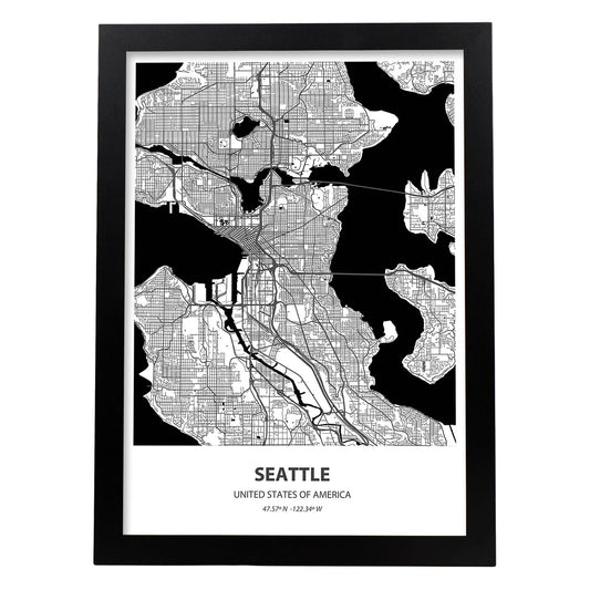 Poster con mapa de Seatle - USA. Láminas de ciudades de Estados Unidos con mares y ríos en color negro.-Artwork-Nacnic-A4-Marco Negro-Nacnic Estudio SL