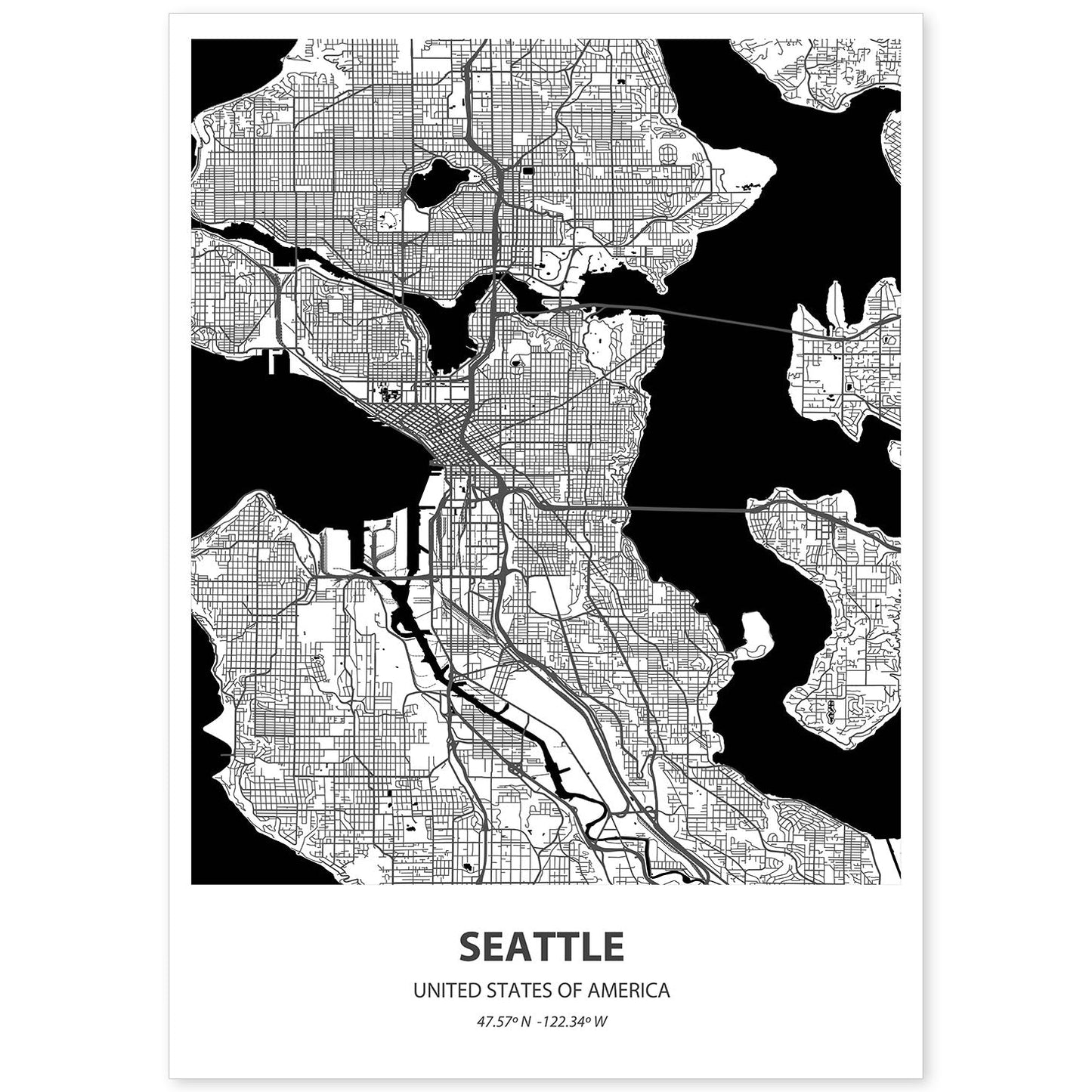Poster con mapa de Seatle - USA. Láminas de ciudades de Estados Unidos con mares y ríos en color negro.-Artwork-Nacnic-A4-Sin marco-Nacnic Estudio SL