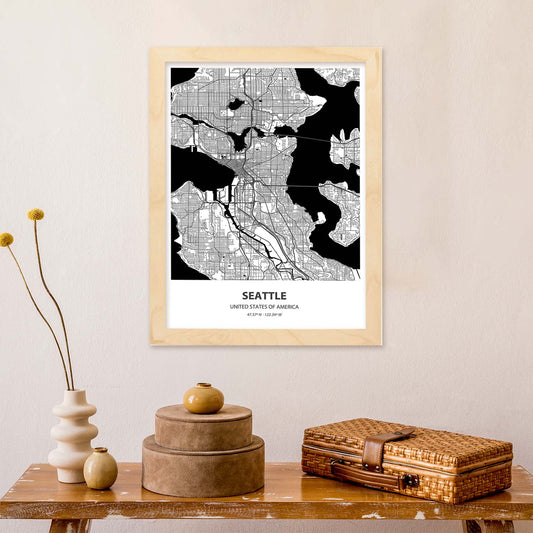 Poster con mapa de Seatle - USA. Láminas de ciudades de Estados Unidos con mares y ríos en color negro.-Artwork-Nacnic-Nacnic Estudio SL