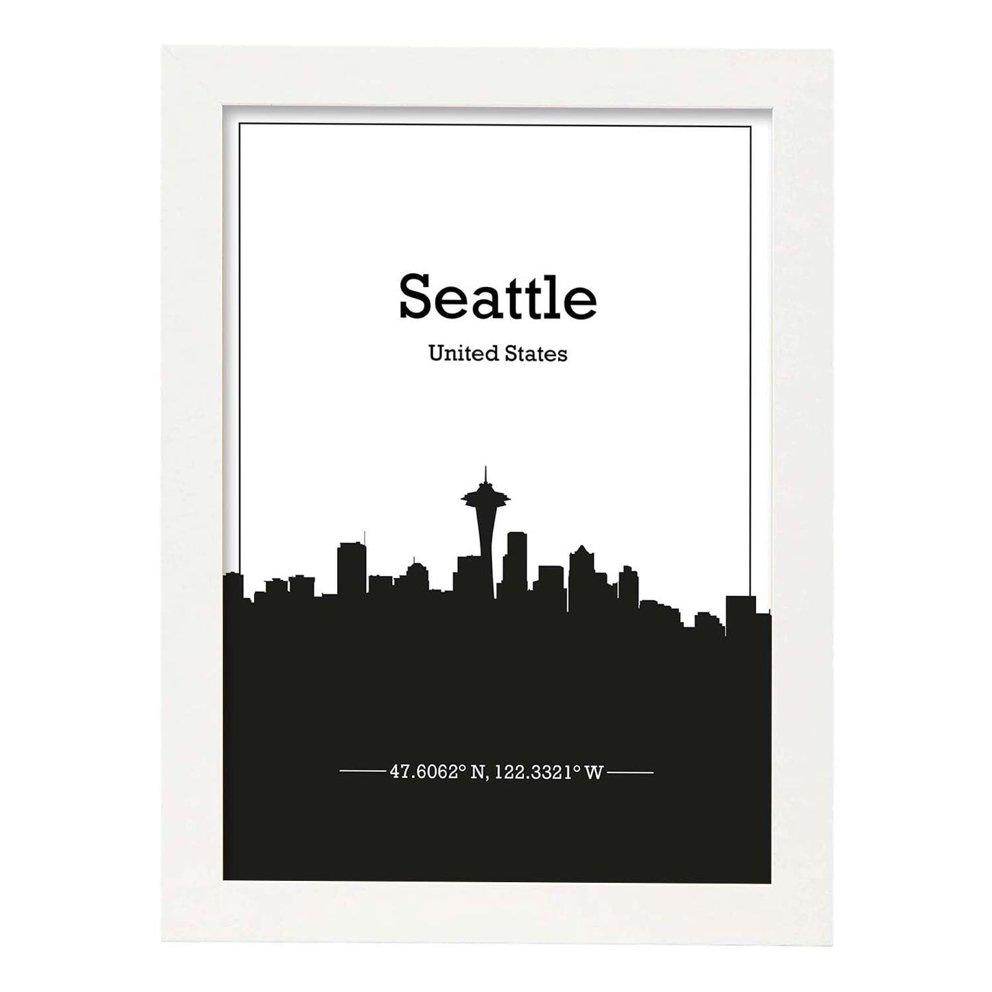 Poster con mapa de Seattle - USA. Láminas con Skyline de ciudades de Estados Unidos, Canada, Mexico con sombra negra.-Artwork-Nacnic-A3-Marco Blanco-Nacnic Estudio SL