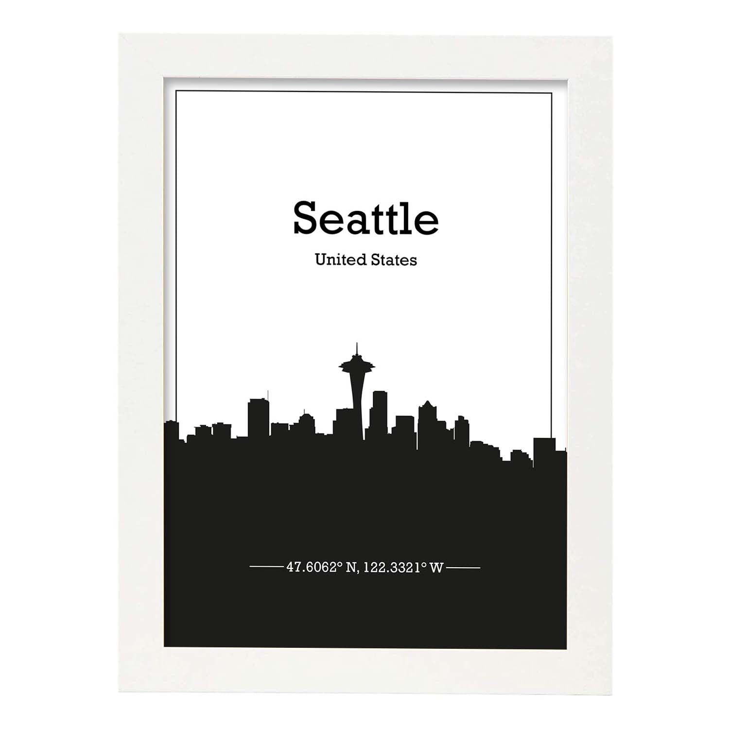 Poster con mapa de Seattle - USA. Láminas con Skyline de ciudades de Estados Unidos, Canada, Mexico con sombra negra.-Artwork-Nacnic-A3-Marco Blanco-Nacnic Estudio SL