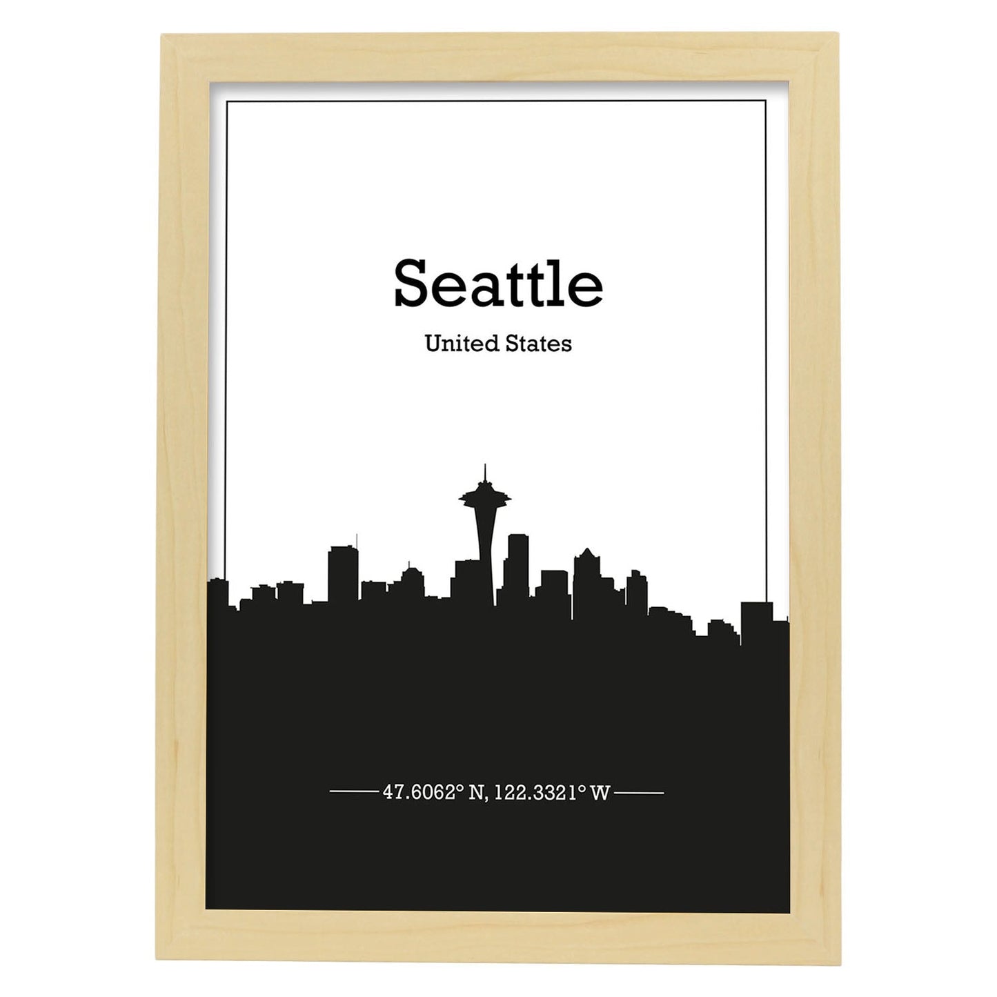 Poster con mapa de Seattle - USA. Láminas con Skyline de ciudades de Estados Unidos, Canada, Mexico con sombra negra.-Artwork-Nacnic-A3-Marco Madera clara-Nacnic Estudio SL