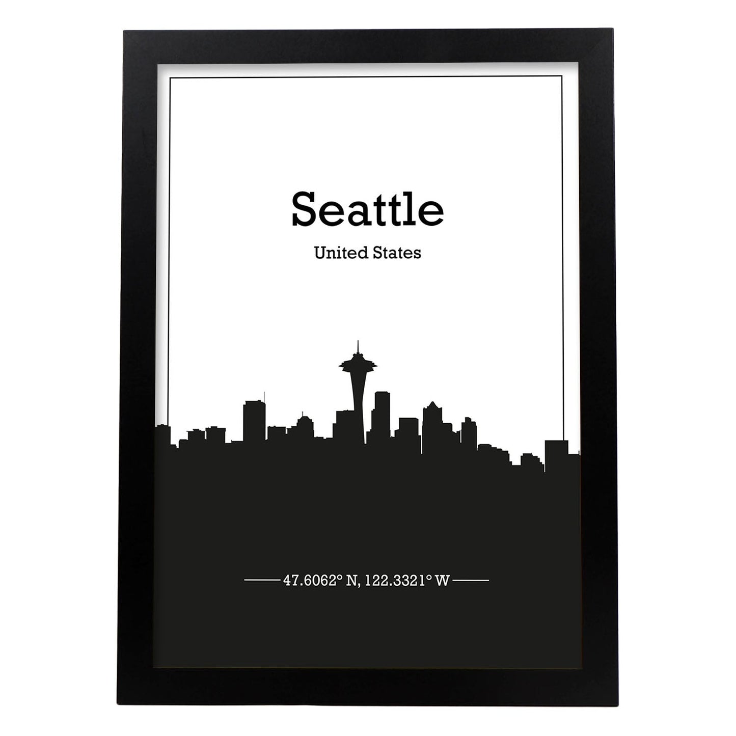 Poster con mapa de Seattle - USA. Láminas con Skyline de ciudades de Estados Unidos, Canada, Mexico con sombra negra.-Artwork-Nacnic-A3-Marco Negro-Nacnic Estudio SL