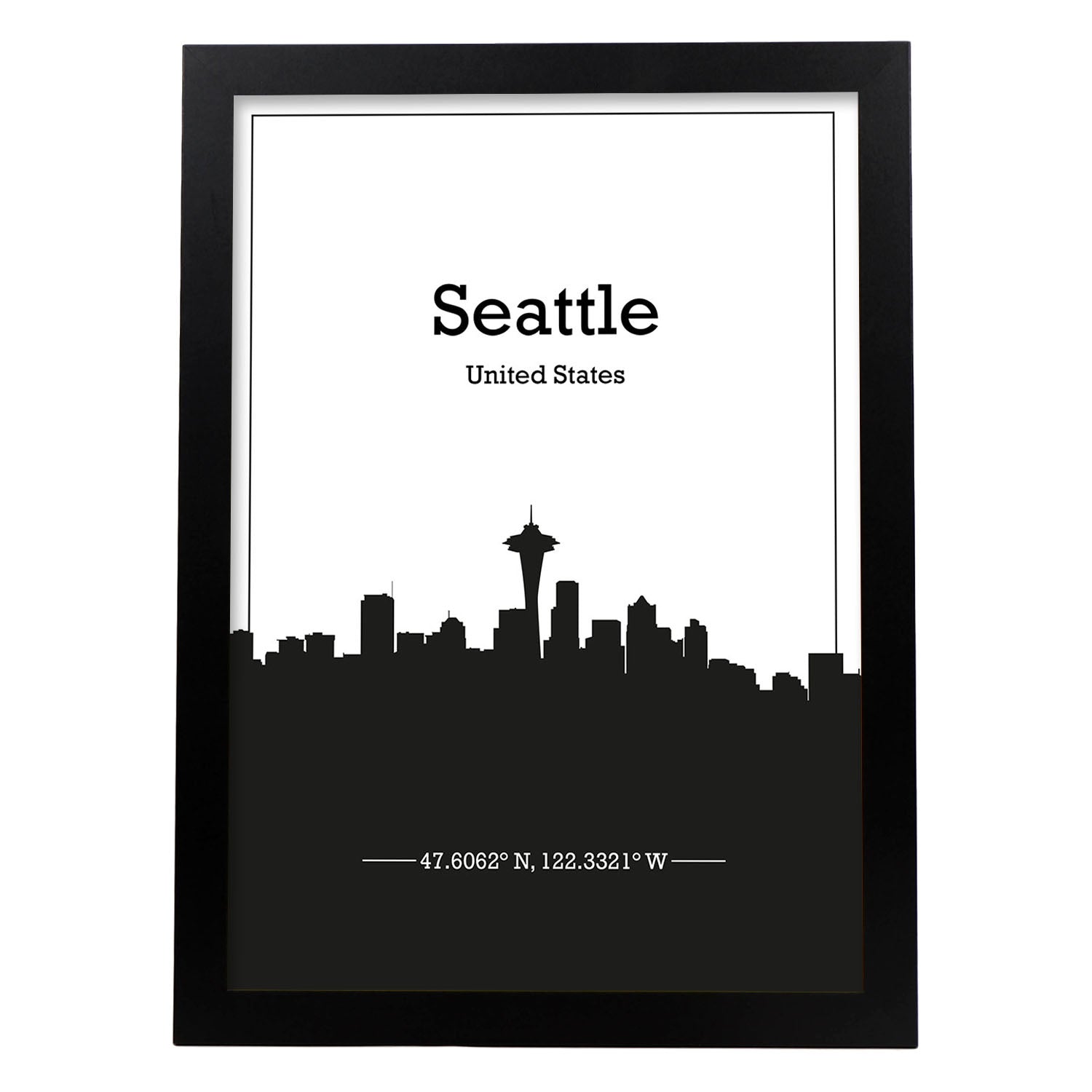 Poster con mapa de Seattle - USA. Láminas con Skyline de ciudades de Estados Unidos, Canada, Mexico con sombra negra.-Artwork-Nacnic-A4-Marco Negro-Nacnic Estudio SL