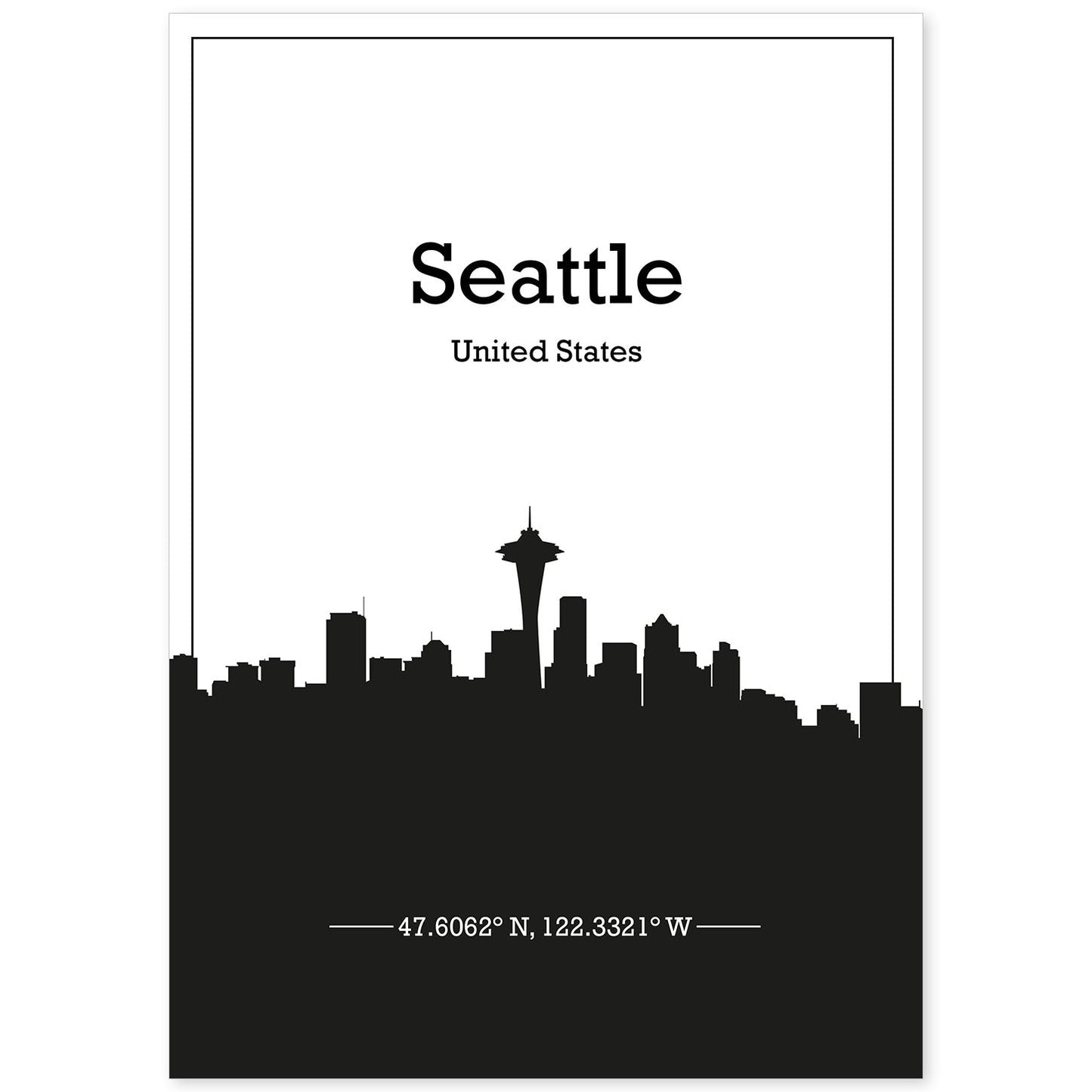 Poster con mapa de Seattle - USA. Láminas con Skyline de ciudades de Estados Unidos, Canada, Mexico con sombra negra.-Artwork-Nacnic-A4-Sin marco-Nacnic Estudio SL