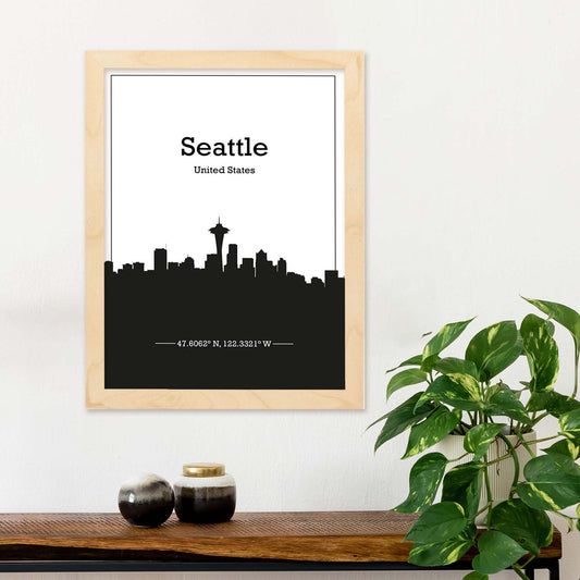 Poster con mapa de Seattle - USA. Láminas con Skyline de ciudades de Estados Unidos, Canada, Mexico con sombra negra.-Artwork-Nacnic-Nacnic Estudio SL