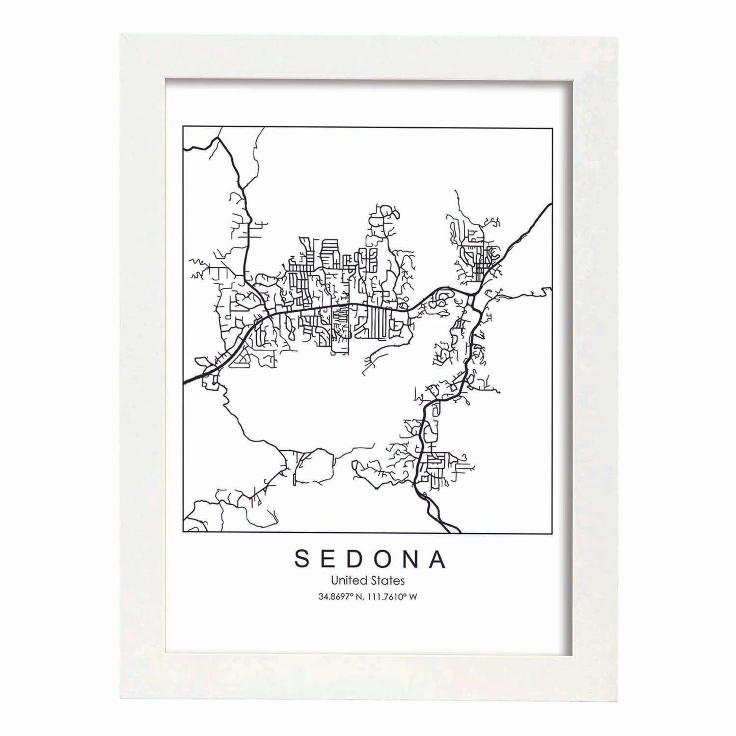 Poster con mapa de Sedona. Lámina de Estados Unidos, con imágenes de mapas y carreteras-Artwork-Nacnic-A3-Marco Blanco-Nacnic Estudio SL