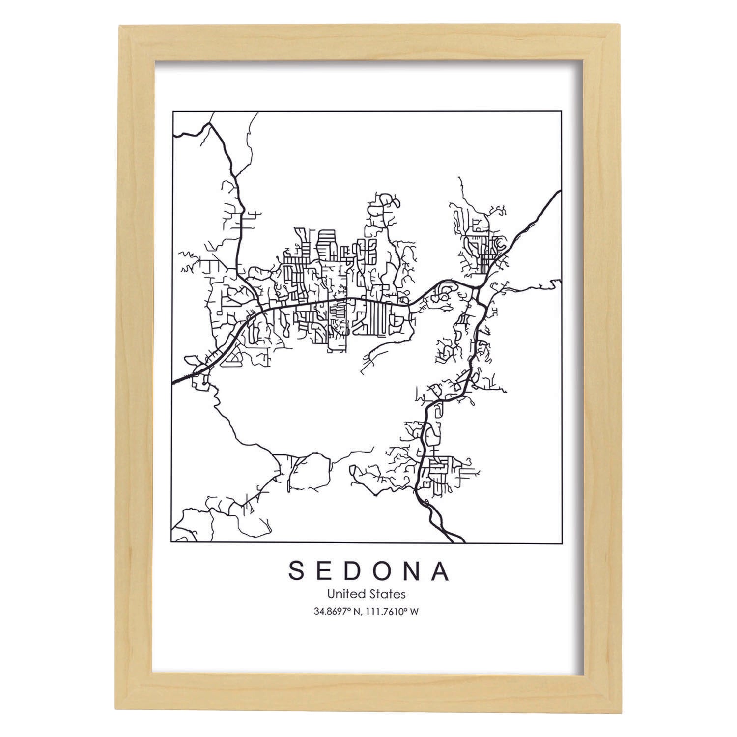 Poster con mapa de Sedona. Lámina de Estados Unidos, con imágenes de mapas y carreteras-Artwork-Nacnic-A3-Marco Madera clara-Nacnic Estudio SL