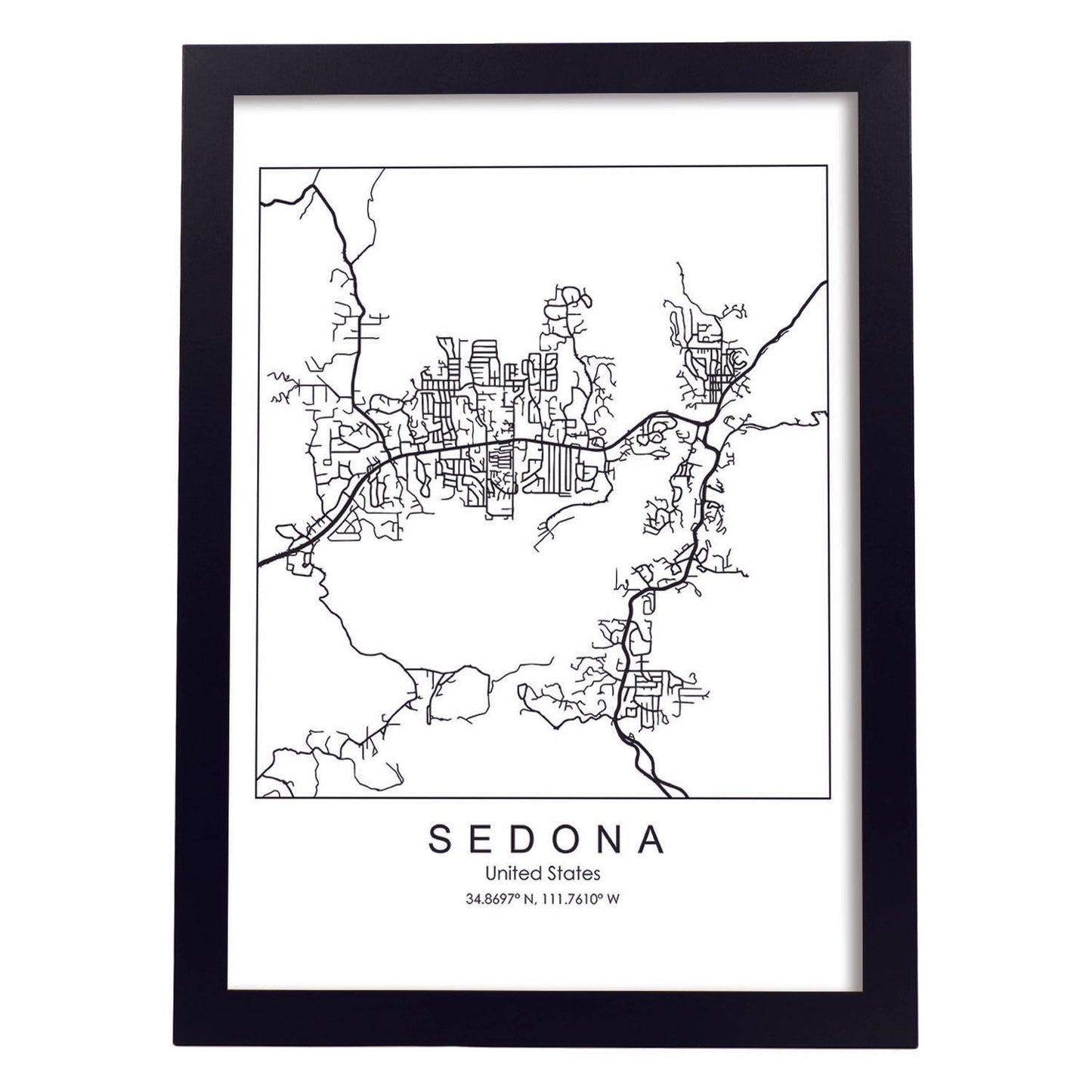 Poster con mapa de Sedona. Lámina de Estados Unidos, con imágenes de mapas y carreteras-Artwork-Nacnic-A3-Marco Negro-Nacnic Estudio SL