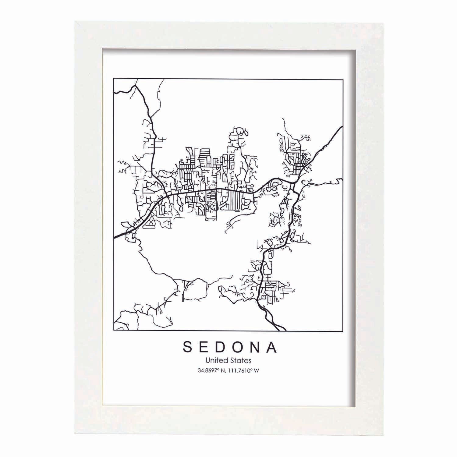 Poster con mapa de Sedona. Lámina de Estados Unidos, con imágenes de mapas y carreteras-Artwork-Nacnic-A4-Marco Blanco-Nacnic Estudio SL