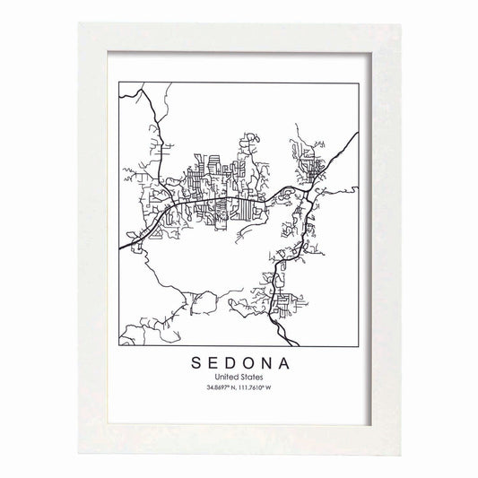 Poster con mapa de Sedona. Lámina de Estados Unidos, con imágenes de mapas y carreteras-Artwork-Nacnic-A4-Marco Blanco-Nacnic Estudio SL