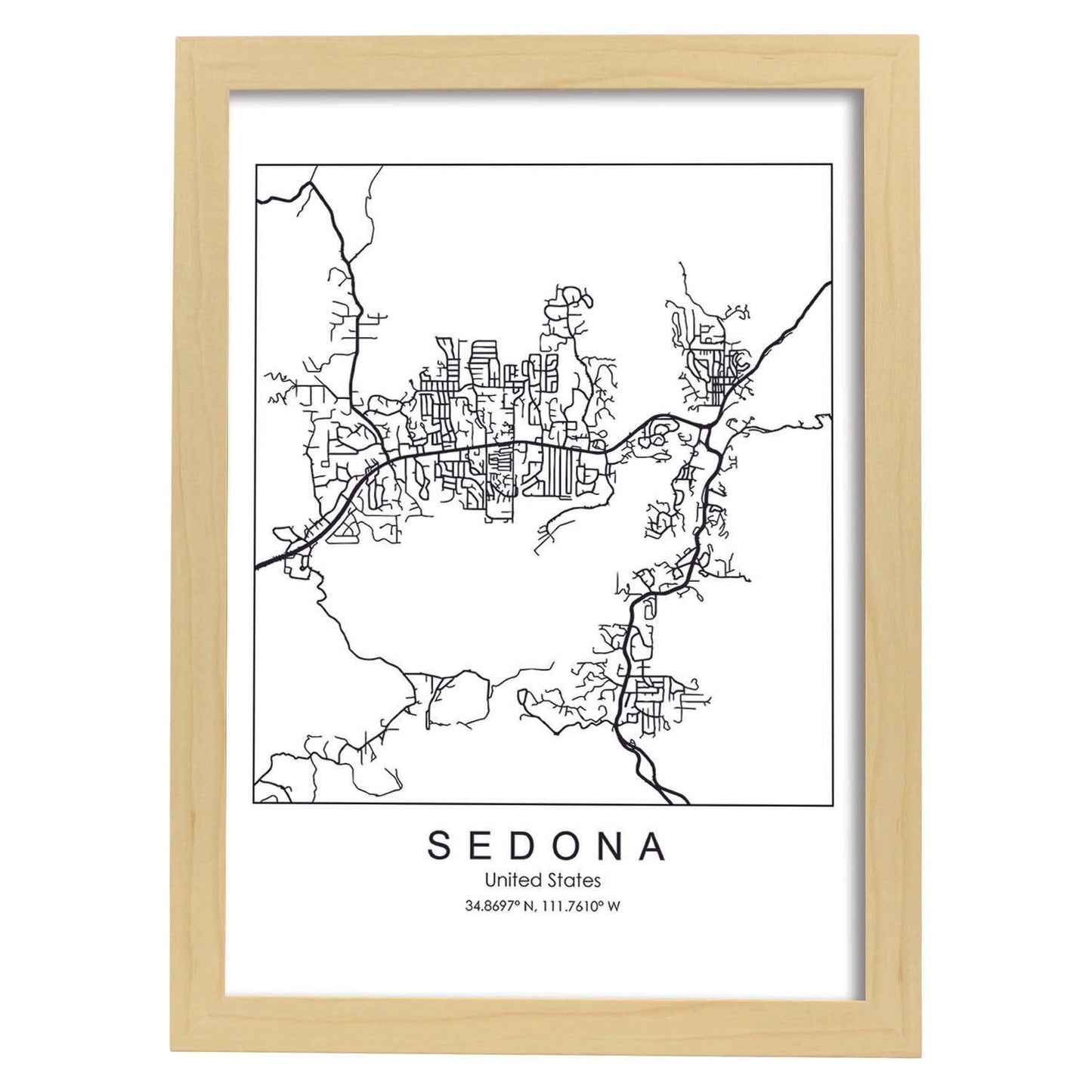 Poster con mapa de Sedona. Lámina de Estados Unidos, con imágenes de mapas y carreteras-Artwork-Nacnic-A4-Marco Madera clara-Nacnic Estudio SL