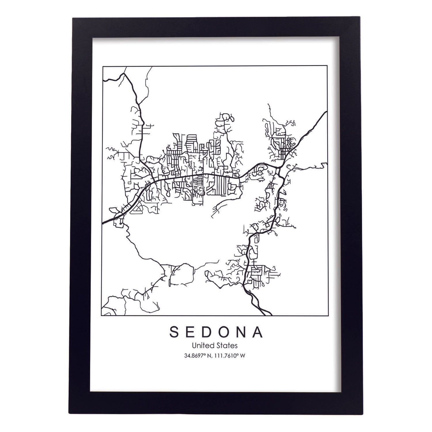 Poster con mapa de Sedona. Lámina de Estados Unidos, con imágenes de mapas y carreteras-Artwork-Nacnic-A4-Marco Negro-Nacnic Estudio SL