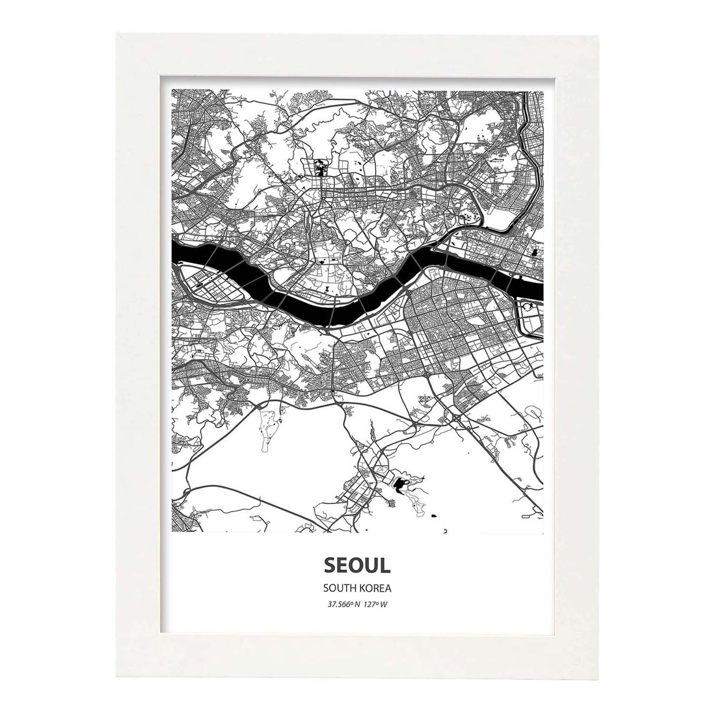 Poster con mapa de Seoul - Corea del Sur. Láminas de ciudades de Asia con mares y ríos en color negro.-Artwork-Nacnic-A3-Marco Blanco-Nacnic Estudio SL